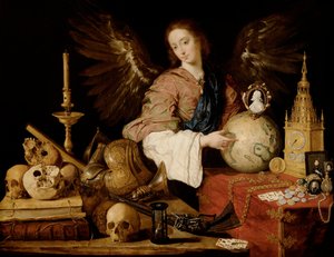 ""Allegorie de la Vanite"" ("Turhamaisuuden allegoria") Yksityiskohta turhuuksista ja sammuneesta kynttilästä - Antonio de Pereda y Salgadon (1611-1678) maalaus 1634 Koko 139,5x174 cm Wien, Kunsthistorisches Museum