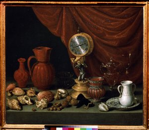 "Asetelma kellolla" Heiluri, kannu, kuoret, pähkinät, kristallilasi. Antonio de Pereda y Salgadon (1611-1678) maalaus 1652 Pushkin-museo, Moskova