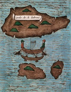 Islas de los Ladrones (nykyisin Marianasaaret), värillinen puupiirros Raportista ensimmäisestä maailmanympärimatkasta Ferdinand Magellanin kanssa tekijältä Antonio Pigafetta