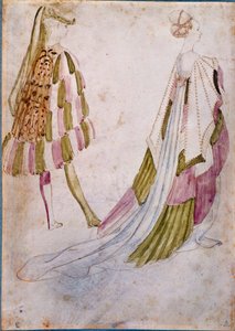 Mies ja nainen hovivaatteissa Akvarelli, höyhen ja pesu Antonio di Puccio Pisano dit Pisanello (ennen 1395-1455) 1450 Su. 0,27x0,19 m Chantilly, Musee Conde tekijältä Antonio Pisanello