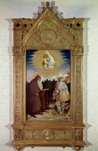 Neitsyt ilmestys Saint Anthony Abbelle (Pyhä Anthony Suuri (250/251-356) (tai Saint Anthony Erakko) ja Pyhälle Yrjölle. Antonio di Puccio Pisano dit Pisanello (1395-1455) maalaus