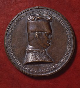 Filippo Maria Viscontin (1392-1447) pronssimitali, kääntöpuoli, suunnitellut vuonna 1441 Antonio di Puccio Pisano, joka tunnetaan nimellä Pisanello (n. 1395-1455), halkaisija 10,20 cm