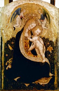Madonnalla on Viiriäinen Detrempe Pisanellon (Antonio Pisano) puussa (n. 1380-1455). 1420 noin Mitat 50x33 cm Verone, Castevecchio Museum - Madonna viiriäisellä, Antonio Pisano eli Pisanello (1380-n.1455)., Tempera puulla, 50x33 cm