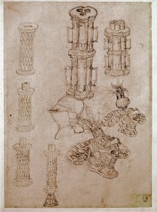 Kolme kypärää, joissa oli tulppa, ja kaksi aseiden kappaletta purettiin. Piirustus Antonio di Puccio Pisano dit Pisanello (1395-1455) Ruskea muste, musta kivi, höyhen. Mitat: 28,7 x 20,6 cm. Louvre, piirustustoimisto tekijältä Antonio Pisanello