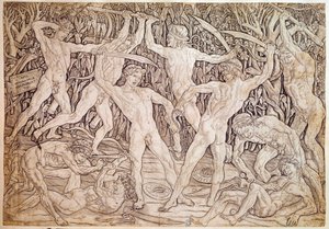 Alastomat miehet tappelevat. Kaiverrus Antonio Pollaiuolo (Pollaiolo) (1432-1498)