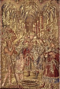 Ipinahayag ni San Juan Bautista ang Misyon ni Kristo sa mga Pariseo, tapiserya na naglalarawan ng mga eksena mula sa buhay ng santo (textile)finn tekijältä Antonio Pollaiuolo