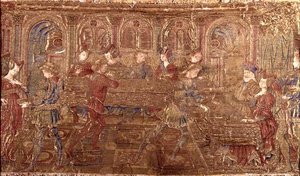 The Conviction of Herodes, kuvakudos, joka kuvaa kohtauksia pyhimyksen elämästä (tekstiili) tekijältä Antonio Pollaiuolo