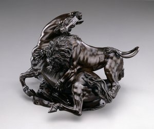 Leijona hyökkäävä hevonen. c.1580/90 tekijältä Antonio Susini