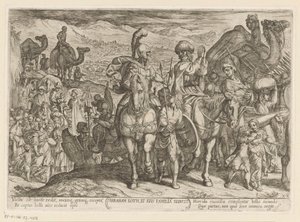 Abraham vie Lootin ja hänen perheensä omaan maahansa Abraham Loth, et familia reducit (otsikko esineessä) Vanhan testamentin taistelukohtaukset (sarjan nimi) tekijältä Antonio Tempesta