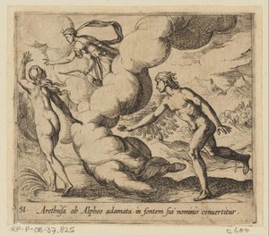 Arethusa wordt achtervolgd oven Alpheus Alfeukseen rakastunut Arethusa muuttuu hänen nimensä lähteeksi (otsikko esineessä) Metamorfoosi tai muunnokset (sarjan nimi) Metamorfosen van Ovidius (sarjan nimi) tekijältä Antonio Tempesta