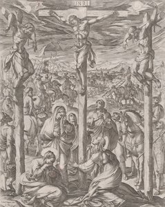 Kristus ristiinnaulittiin kahden varkaan, kolmen Marian, väliin ristin juurella, 1612. tekijältä Antonio Tempesta