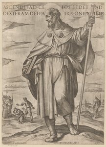 De heilige Jakobus de Meerdere Hän, joka nousi taivaaseen, istuu Isä Kaikkivaltiaan oikealla puolella (otsikko esineessä) Kristus, Maria en de apostle (sarjan nimi) tekijältä Antonio Tempesta