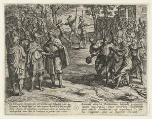 Vanhat Batavian miehet ostavat palveluksensa roomalaisille, 69-70 The Batavian Revolt (sarjan nimi) Batavorum cum Romanis Bellum, maissi. Tacito / The Batavian Oft Oude Hollandtsche Krijghe teghen de Romeynen (sarjan nimi esineellä) tekijältä Antonio Tempesta