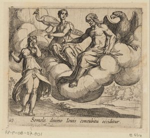 De wens van Semele Semele tapetaan yhdynnässä jumalallisen Jupiterin kanssa (otsikko esineessä) Metamorfoosi tai muunnokset (sarjan nimi) Metamorfosen van Ovidius (sarjan nimi) tekijältä Antonio Tempesta