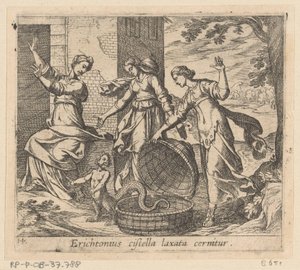Erichthonius uit zijn mand gelaten Erichthonius nähdään löysällä korilla (otsikko esineessä) Metamorfoosi tai muunnokset (sarjan nimi) Metamorfosen van Ovidius (sarjan nimi) tekijältä Antonio Tempesta
