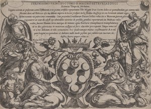 "Vanhan testamentin taistelujen" etukappale Medicin käsivarsilla, jonka kruunasi ..., 1660. tekijältä Antonio Tempesta