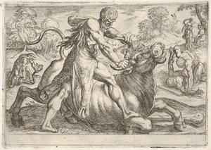 Hercules ja Achelous: keskellä Herkules tarttuu härän sarviin painaessaan ri..., 1608. tekijältä Antonio Tempesta