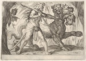 Herkules ja Cerberus: Herkules tarttuu Cerberuksen kaulukseen, kaksi demonia ilmestyy vasemmalle..., 1608.