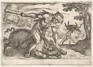 Herkules ja Erymanthuksen karju: Herkules pitää karjujen kuonoa alhaalla vasemmalla ha..., 1608. tekijältä Antonio Tempesta