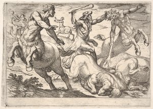 Hercules and the Kentaurs: Hercules pitää kentaurin päätä vasemmalla kädellä ja rai..., 1608.