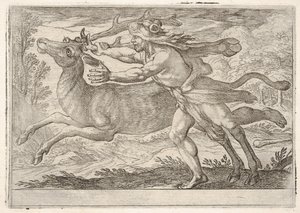 Herkules ja Cerynea-vuoren takaosa: Herkules astuu takaosan rinnalle ja tarttuu..., 1608. tekijältä Antonio Tempesta