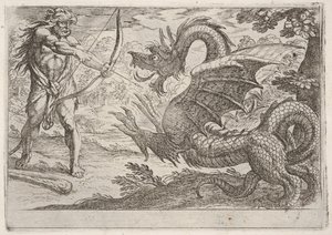 Hercules ja käärme Ladon: Hercules vetää jousensa, kasvattava käärme ilmestyy pro..., 1608.