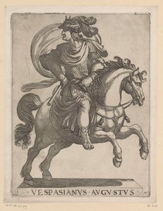 Keisari Vespasianus hevosen selässä Ensimmäiset kaksitoista Rooman keisaria hevosen selässä (sarjan nimi) XII caesares in equestri (sarjan nimi) tekijältä Antonio Tempesta