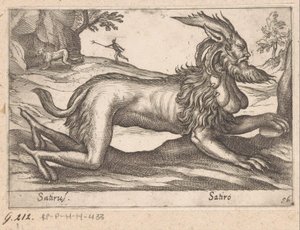hirviömäinen olento Satirus/ Satiro (otsikko esineessä) Eläimet ja myyttiset olennot (sarjan nimi) Nova raccolta de li animali piu curiosi del mondo (sarjan nimi) tekijältä Antonio Tempesta