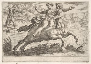 Nessus yrittää kaapata Dejaniraa Herculesilta: Nessus pidättelee Dejaniran selällään wh..., 1608. tekijältä Antonio Tempesta
