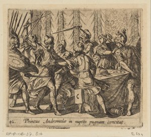 Phineus verstoort de Perseus en Andromedan häät Phineus provosoi Andromedan tappelemaan häissään (otsikko esineessä) Metamorfoosi tai muunnokset (sarjan nimi) Metamorfosen van Ovidius (sarjan nimi) tekijältä Antonio Tempesta