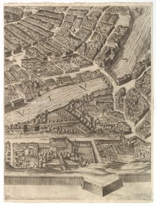 Rooman kaupungin suunnitelma. Osa 10 Tiberin ja Villa Farnesinan kanssa, 1645. tekijältä Antonio Tempesta