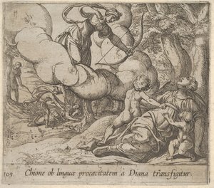 Levy 105: Diana tähtää joustaan Chionea kohti, jonka seurassa on kaksi lasta, vuonna 1606. tekijältä Antonio Tempesta