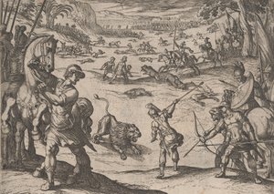 Levy 11: Aleksanterin leijonanmetsästys, Aleksanteri Suuren teoista, 1608., tekijältä Antonio Tempesta