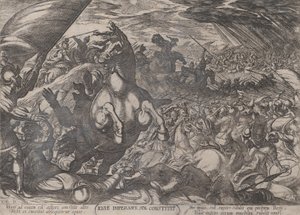 Levy 11: Joshua käskee auringon pysymään paikallaan, teoksesta The Battles of the Ol..., n. 1590-n. 1610. tekijältä Antonio Tempesta