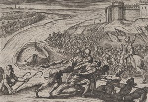 Levy 12: Viljakuormaisen aluksen vetäminen rantaan, Roomalaisten sodasta ... vastaan, 1611. tekijältä Antonio Tempesta