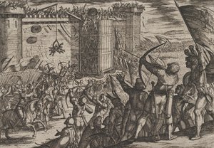 Levy 14: Uusi hyökkäys vanhaan linnoitukseen, Roomalaisten sota batavialaisia vastaan..., 1611. tekijältä Antonio Tempesta