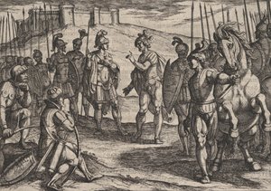 Levy 15: Civilis käsittelee roomalaisen komentajan kanssa, teoksesta The War of the Rooms Against the ..., 1611. tekijältä Antonio Tempesta