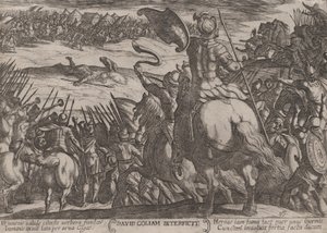 Levy 16: Daavid tappaa Goljatin, Vanhan testamentin taisteluista, noin..., n. 1590-n. 1610. tekijältä Antonio Tempesta