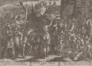 Levy 17: Daavid palaa voittoon Goljatin pään kanssa, teoksesta The Batt..., n. 1590-n. 1610. tekijältä Antonio Tempesta