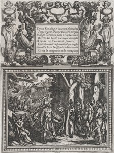 Levy 18: Kuvitus Canto XVIII:sta Torquato Tasson teoksesta "Gerusalemme liberat...", n. 1590-1630. tekijältä Antonio Tempesta