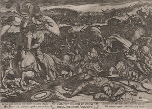 Levy 18: Saulin itsemurha filistealaisten tappion jälkeen, julkaisusta "The Battl...", n. 1590-n. 1610. tekijältä Antonio Tempesta