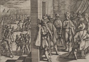 Levy 18: Civilisten salainen tapaaminen muiden johtajien kanssa Trieristä, Rooman sodasta..., 1611. tekijältä Antonio Tempesta