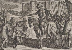 Levy 19: Miehet linnoituksesta antautuvat ja lupaavat henkensä sivilisille, sodasta..., 1611. tekijältä Antonio Tempesta