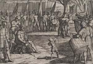 Levy 20: Civilis leikkaamassa hiuksiaan, teoksesta Roomalaisten sota batavialaisia vastaan R..., 1611. tekijältä Antonio Tempesta