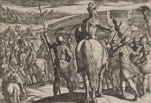 Levy 24: Uusien roomalaisten joukkojen etuvartija kääntyi takaisin, Rooman sodasta..., 1611. tekijältä Antonio Tempesta