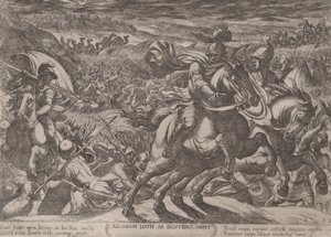 Levy 2: Abraham vapauttaa veljenpoikansa Lotin, julkaisusta "Vanhan testin taistelut...", n. 1590-n. 1610. tekijältä Antonio Tempesta