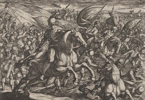 Levy 30: Cerialis ajaa hollantilaisia Reiniin, teoksesta Roomalaisten sota th...a vastaan, 1611. tekijältä Antonio Tempesta