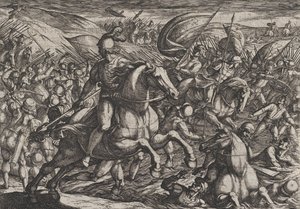 Levy 30: Cerialis ajaa hollantilaisia Reiniin, teoksesta Roomalaisten sota th...a vastaan, 1611. tekijältä Antonio Tempesta