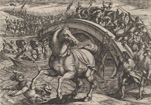 Levy 31: Civilis pakotettu laskeutumaan ja uimaan joen yli, Roomalaisten sodasta..., 1611. tekijältä Antonio Tempesta