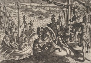 Levy 33: Hollannin ja roomalaiset laivueet Reinillä, teoksesta Roomalaisten sota B..., 1611. tekijältä Antonio Tempesta